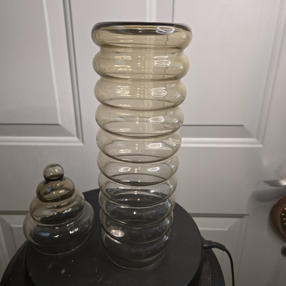 Holmegaard Primula Smoke Glass Lidded Apothecary Jar Spiral Vase Set Of 2 - Picture 14 of 15